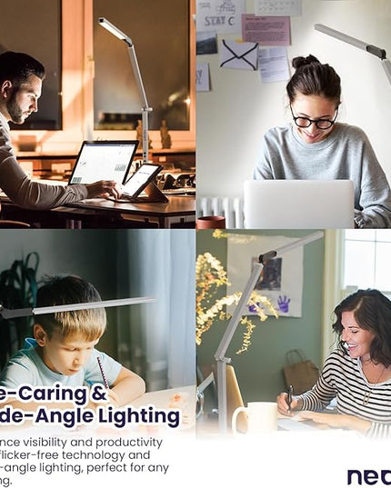 Neatfi LED Desk Lamp with Clamp, Touch & Remote Controlled, Stepless Dimming, 3 Color Modes, 3000-6000K, Detachable Shade, Flicker-Free, 360° Rotation, Wide Angle Lighting (Modern, Silver) - LeafyLoom