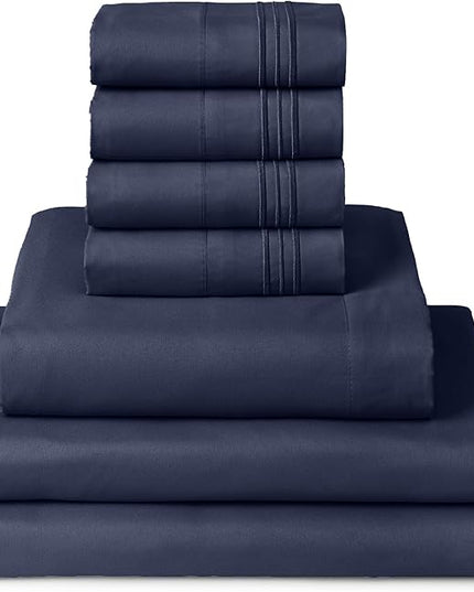 Mellanni Split King Sheets Set - 7 PC Iconic Collection Bedding Sheets & Pillowcases - Ultra Soft, Cooling Bed Sheets - Deep Pocket up to 16 inch - 7 PC (Split King, Navy Blue w/Extra Pillow Cases) - LeafyLoom