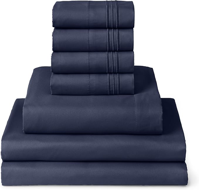 Mellanni Split King Sheets Set - 7 PC Iconic Collection Bedding Sheets & Pillowcases - Ultra Soft, Cooling Bed Sheets - Deep Pocket up to 16 inch - 7 PC (Split King, Navy Blue w/Extra Pillow Cases) - LeafyLoom