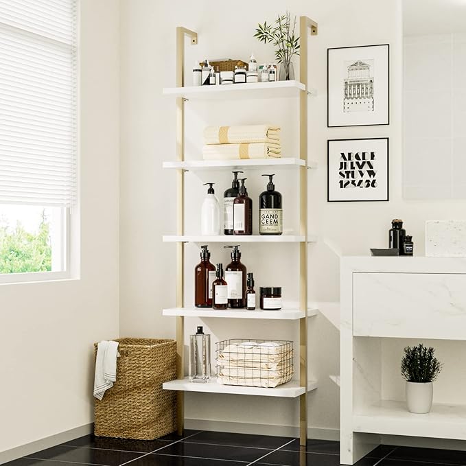 NUMENN 5 Tier Book Shelf, Industrial Ladder Shelf, Open Space Wall Mount Bookshelf with Metal Frame, Sturdy Book Shelves, Bookcase for Living Room, Home Office Shelf, White/Gold - LeafyLoom