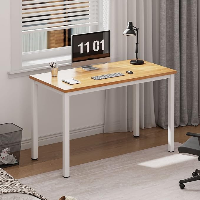 Need Small Desk, 39.4 inches Sturdy Writing Desk for Small Spaces, Small Computer Desk Teens Desk Study Table Laptop Desk Home Ofice Desk, White Metal Frame, Teak - LeafyLoom