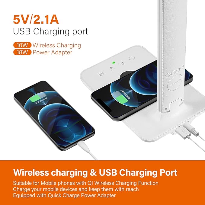 poukaran LED Desk Lamp with Wireless Charger, USB Charging Port, Office Table Lamp with Clock, Alarm, Date, Temperature for Home Office, White - LeafyLoom