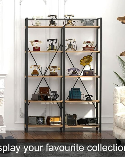 BON AUGURE Industrial Bookshelves and Bookcases, 5 Tier Heavy Duty Etagere Shelving Unit, Farmhouse Rustic Wood Metal Book Shelves for Office, Living Room and Bedroom (Vintage Oak, 43.31 inch Wide) - LeafyLoom