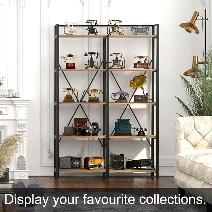 BON AUGURE Industrial Bookshelves and Bookcases, 5 Tier Heavy Duty Etagere Shelving Unit, Farmhouse Rustic Wood Metal Book Shelves for Office, Living Room and Bedroom (Vintage Oak, 43.31 inch Wide) - LeafyLoom