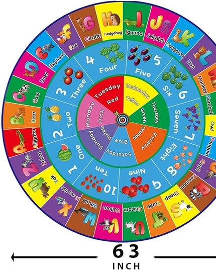 ABC Rug, ABC Play Mat for Kids Playroom, Round Alphabet Floor Mat,Classroom Elementary Preschool Rugs wtih ABC, Numbers, Animals - 63inch - LeafyLoom