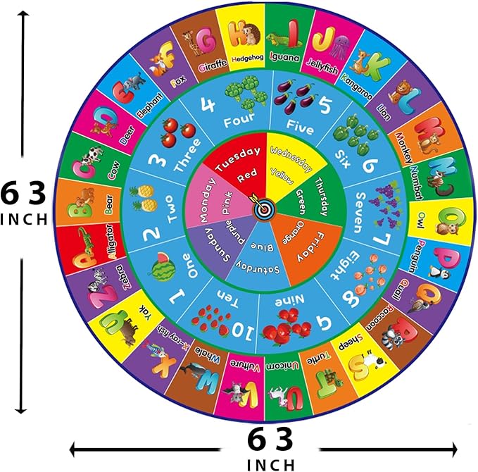 ABC Rug, ABC Play Mat for Kids Playroom, Round Alphabet Floor Mat,Classroom Elementary Preschool Rugs wtih ABC, Numbers, Animals - 63inch - LeafyLoom