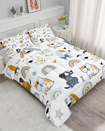 Datura home Kawaii Dogs Comforter Set Cute Dogs and Rainbow Printed Quilt Bedding Set with 1 Comforter and 2 Pillowcases for Boys and Girls Bedroom All Season(Dogs Twin) - LeafyLoom