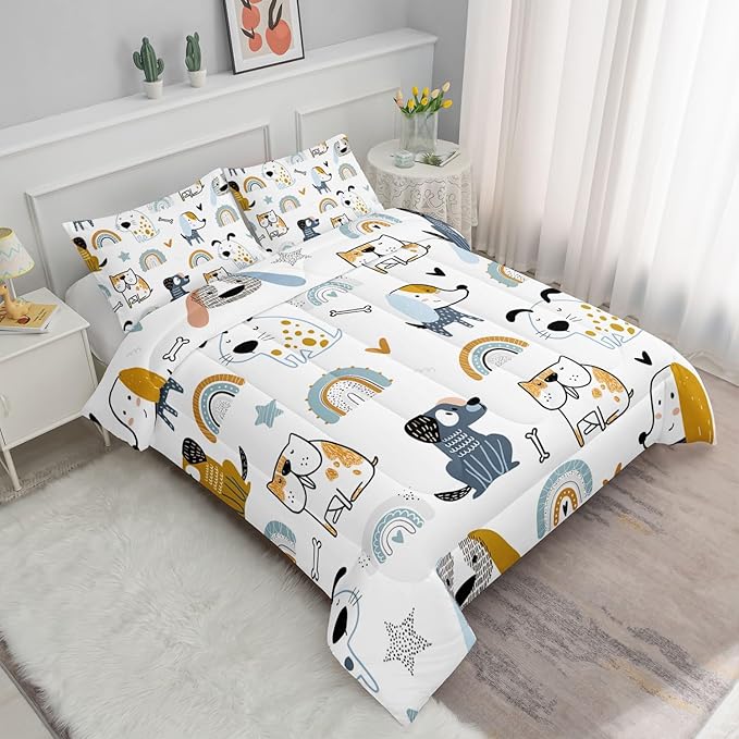 Datura home Kawaii Dogs Comforter Set Cute Dogs and Rainbow Printed Quilt Bedding Set with 1 Comforter and 2 Pillowcases for Boys and Girls Bedroom All Season(Dogs Twin) - LeafyLoom