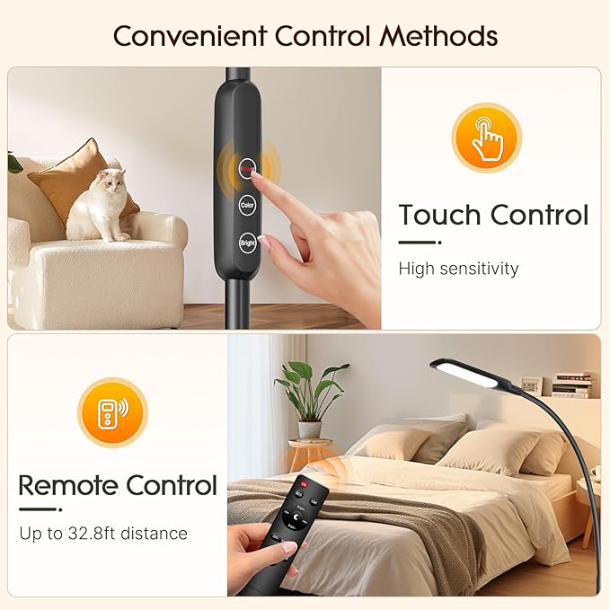Syrinx LED Floor Lamp, 12W Remote & Touch LED Reading Standing Light for Living Room Bedroom, Flexible Gooseneck Task Light, 5 Color Temperatures, 5 Level Brightness - Black - LeafyLoom