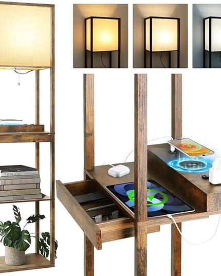 Floor Lamp with Shelves Plus, 4-Tier Wireless Charger Floor Lamp for Living Room Bedroom, USB and Type C Charging Ports 2 AC Power Outlets, 3CCT Color Selectable 15W Bulb(Brown). - LeafyLoom