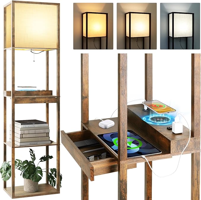 Floor Lamp with Shelves Plus, 4-Tier Wireless Charger Floor Lamp for Living Room Bedroom, USB and Type C Charging Ports 2 AC Power Outlets, 3CCT Color Selectable 15W Bulb(Brown). - LeafyLoom