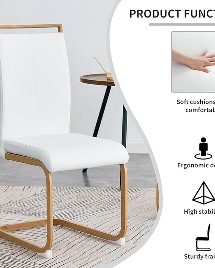 Dining Chairs Set of 6,High Back White Kitchen Chairs,Faux Leather Side Chair with Woodgrain Coloured Metal Legs,Easy to Clean Modern Upholstered Dining Chairs,Ideal for Living Room - LeafyLoom