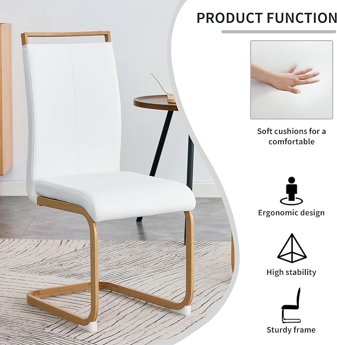 Dining Chairs Set of 6,High Back White Kitchen Chairs,Faux Leather Side Chair with Woodgrain Coloured Metal Legs,Easy to Clean Modern Upholstered Dining Chairs,Ideal for Living Room - LeafyLoom