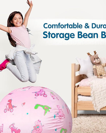 Lukeight Stuffed Animal Storage Bean Bag Chair Cover for Kids, Dinosaur Zipper Beanbag Chair Cover for Organizing Toddler & Kids' Rooms Plush Toys (Dino Pink, X-Large) - LeafyLoom