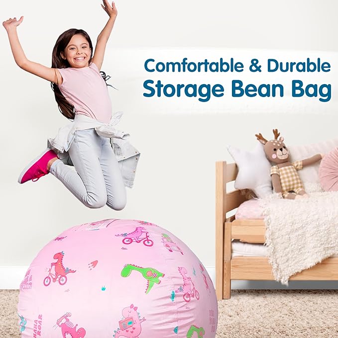 Lukeight Stuffed Animal Storage Bean Bag Chair Cover for Kids, Dinosaur Zipper Beanbag Chair Cover for Organizing Toddler & Kids' Rooms Plush Toys (Dino Pink, X-Large) - LeafyLoom