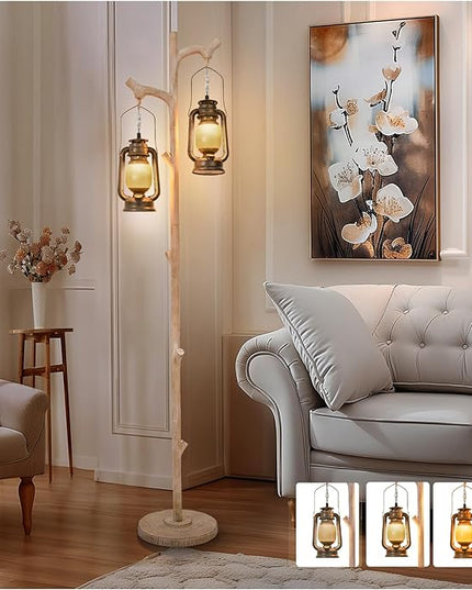 68" Vintage Dimmable Floor Lamp, Standing Lamp with Classical Lanterns, Rustic Tree Trunk LED Tall Corner Lamp with Wood Finish, Western Farmhouse Decor for Living Room Bedroom Office - LeafyLoom
