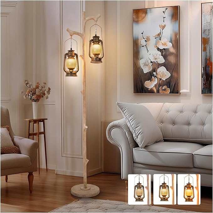 68" Vintage Dimmable Floor Lamp, Standing Lamp with Classical Lanterns, Rustic Tree Trunk LED Tall Corner Lamp with Wood Finish, Western Farmhouse Decor for Living Room Bedroom Office - LeafyLoom