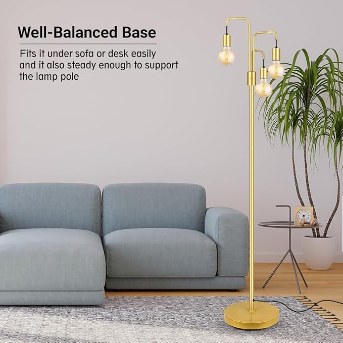 BoostArea Industrial Floor Lamp for Living Room,Gold Modern Standing Lamp Stand Up Lamp with 3 Light, Bulbs Not Included,Simple Design Floor Lamp for Bedroom, Living Room, Office, Kids Room, Reading - LeafyLoom