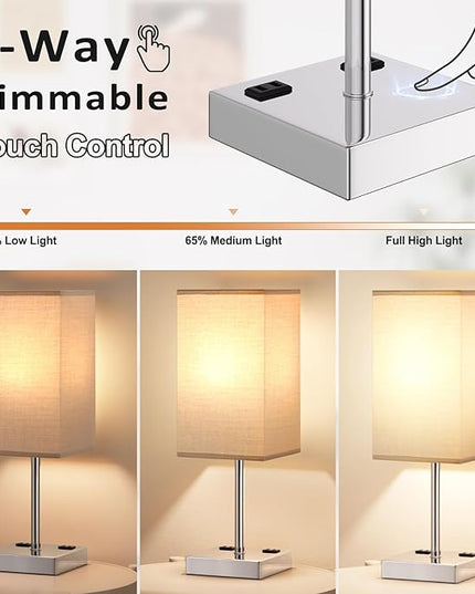 Touch Bedside Table Lamp For Nightstand - 3-Way Dimmable Night Lamp with USB A + Type C Charging Ports and two AC Outlets, Small Desk Light with E26 LED Bulb for Bedroom Living Room, GREY PLUS - LeafyLoom