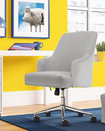 Serta Leighton Modern Office Chair, Stylish Mid-Back Desk Chair, Rivet Detail, Serta Quality Memory Foam, Armchair with Wheels, Vanity Chair, Swivel Chrome Metal Base, Twill Fabric, Light Gray - LeafyLoom