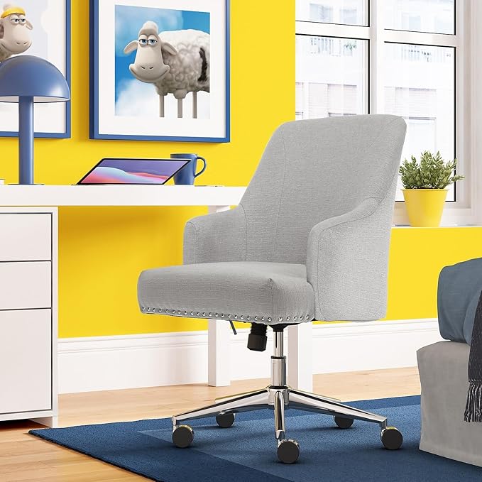 Serta Leighton Modern Office Chair, Stylish Mid-Back Desk Chair, Rivet Detail, Serta Quality Memory Foam, Armchair with Wheels, Vanity Chair, Swivel Chrome Metal Base, Twill Fabric, Light Gray - LeafyLoom