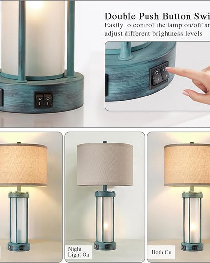 Set of 2 Rustic Table Lamps for Living Room with 2 USB Ports, Farmhouse Vintage Nightstand Lamp with White Glass Nightlight, Retro Desk Lamps for Bedroom End Table (Retro Green) - LeafyLoom