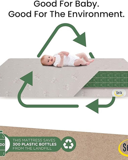 Delta Children Emery Mini Convertible Baby Crib with 2.75-inch Mattress, Bianca White & Serta SleepTrue Mini Crib Mattress, Premium Sustainably Sourced Fiber Core - LeafyLoom