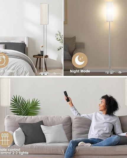 Floor Lamp for Living Room Bedroom, Modern Floor Lamp with Remote,Stepless Dimmable 12W Bulb Included,Nickel Pole and Beige Linen lampshade - LeafyLoom