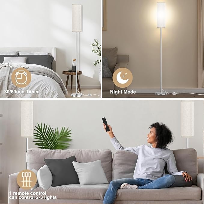 Floor Lamp for Living Room Bedroom, Modern Floor Lamp with Remote,Stepless Dimmable 12W Bulb Included,Nickel Pole and Beige Linen lampshade - LeafyLoom