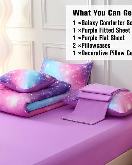 JQinHome Glitter Bedding Set Queen Size,6 Piece Bed in A Bag 3D Colorful Rainbow Galaxy Comforter Set for Girls Kids-All Season Microfiber Tie-Dye Bedding Sets (Blue Purple) - LeafyLoom