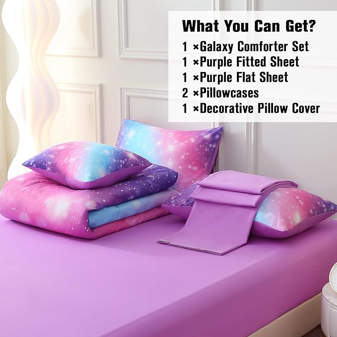 JQinHome Glitter Bedding Set Queen Size,6 Piece Bed in A Bag 3D Colorful Rainbow Galaxy Comforter Set for Girls Kids-All Season Microfiber Tie-Dye Bedding Sets (Blue Purple) - LeafyLoom