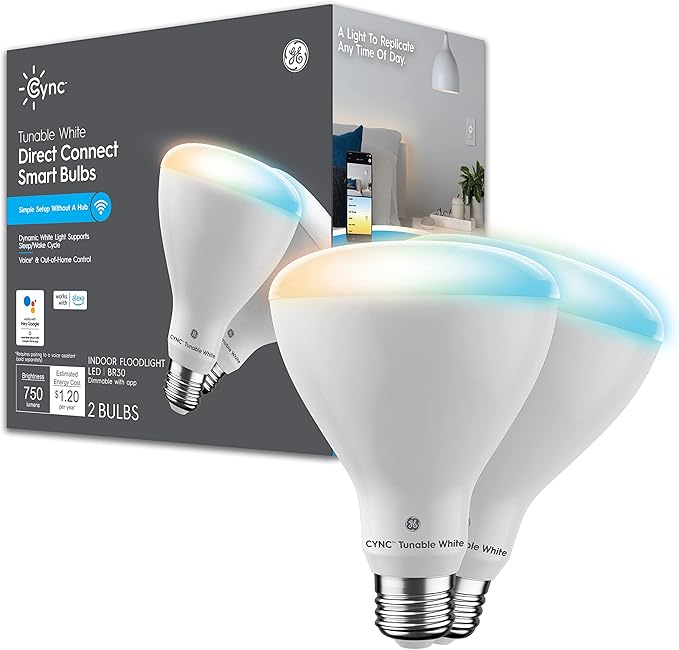 GE CYNC Smart LED Light Bulbs, Tunable White, Bluetooth and Wi-Fi, Works with Alexa and Google, BR30 Indoor Floodlights (2 Pack) CYNCSmartHome