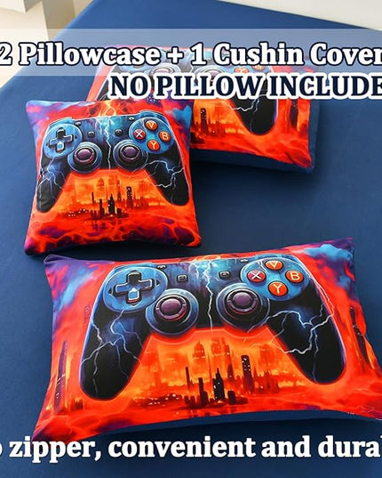 Game Console Twin Comforter Set with Sheets, Microfiber 6 Pcs Bed in A Bag Twin Size Gamer Bedding Set for Boys Kids Teens - LeafyLoom