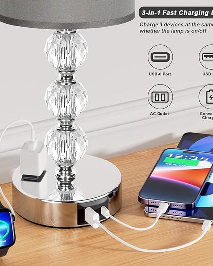 Grey Touch Bedside Lamps for Bedrooms - Crystal Table Lamp with USB C+A Charging Port and AC Outlet Nightstand, 3 Way Dimmable Silver Small End Side Table Lamp for Living/Guest/Dinning Room/Kitchen - LeafyLoom