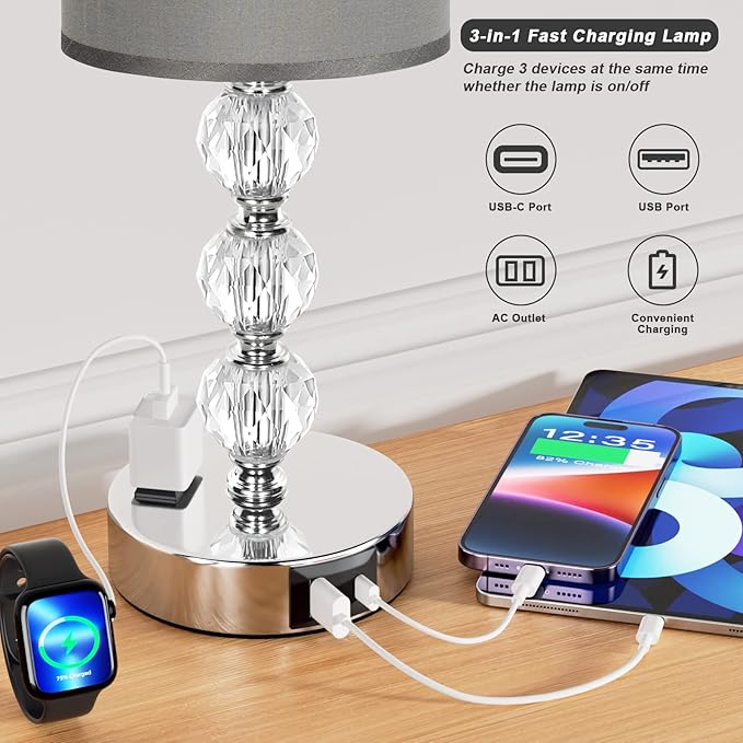 Grey Touch Bedside Lamps for Bedrooms - Crystal Table Lamp with USB C+A Charging Port and AC Outlet Nightstand, 3 Way Dimmable Silver Small End Side Table Lamp for Living/Guest/Dinning Room/Kitchen - LeafyLoom