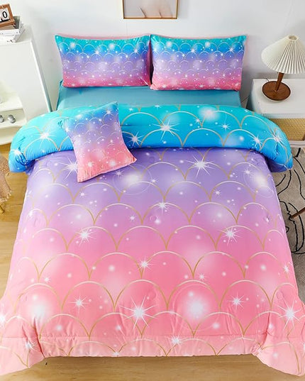 PERFEMET Pink Purple Mermaid Comforter Queen Size 6 Pieces Girls Bedding Set Colorful Rainbow Ombre Bed in A Bag Mermaid Scale Print Queen Comforter Set with Sheets - LeafyLoom