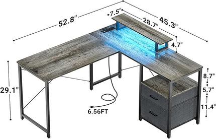 Homieasy L Shaped Computer Desk with Storage File Drawer, Reversible Home Office Desk with Recessed Power Strip and Led Strip, Corner Gaming Desk Work Study Table with Monitor Stand, Black Oak - LeafyLoom