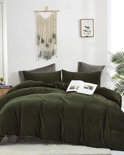 Dark Green Velvet Comforter Set Twin Army Green Flannel Velvet Bedding Comforter Set All Deep Green 3 PCs Shaggy Soft Warm and Durable Flannel Blanket Twin Girls Boys Green Velvet Bedding Set - LeafyLoom