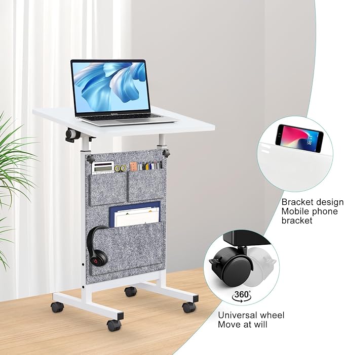 Adjustable Height Standing Desk, Writable Tempered Glass Desktop with Eraser, 360° Flip, Wheels and Bag– Ideal for Small Spaces and Home Offices, 24 in, White(Adjustable Height: 32-47 in) - LeafyLoom
