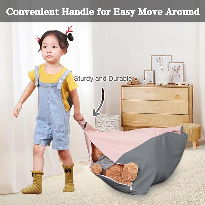 Stuffed Animal Storage Bean Bag Chair for Kids and Adults, Luxury Velvet Stuffed Animal Storage, Stuffie Seat - COVER ONLY(Pink & Dark Grey 200L/52 Gal) - LeafyLoom