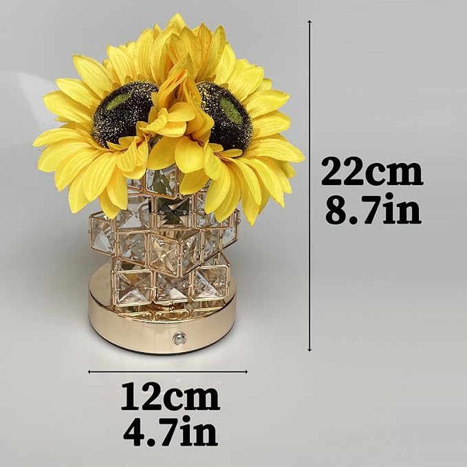 Sunflowers Lamp Touch Lam Artificial LED Sunflower Flowers with Glass Vase Table Lamp Night Light for Home Office Decor House Decorations Gift Idea - Rechargeable (Crystal Magic Cube Sunflower) - LeafyLoom