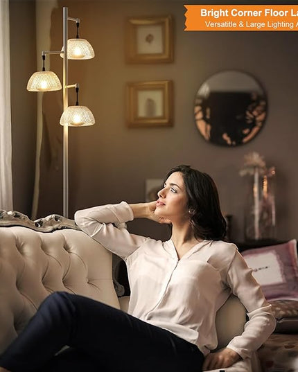 3 Lights White Floor Lamp for Living Room with 3 Metal Lampshade and LED Bulbs, Modern Tree Standing Lamp, Farmhouse Tall Lamp for Living Room, Bedroom, Office - LeafyLoom