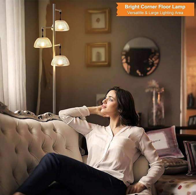 3 Lights White Floor Lamp for Living Room with 3 Metal Lampshade and LED Bulbs, Modern Tree Standing Lamp, Farmhouse Tall Lamp for Living Room, Bedroom, Office - LeafyLoom