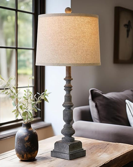 Oneach 27.75" Vintage Farmhouse USB A+C Table Lamps Set of 2 for Living Room Traditional Bedside Lamps for Bedroom Office Mid Century Table Lamp Antique Grey Accent Rustic Lamps for End Table - LeafyLoom