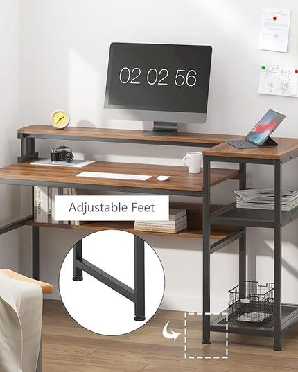 soges 62 Inch Computer Desk with Elevated Monitor Shelf, Home Office Desk with Storage Shelves, CPU Stand, Study Writing Table Workstation with Printer Stand - LeafyLoom