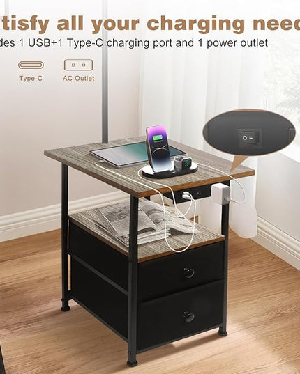 PESRAE Floor Lamp with Table & 2 Drawers, End Table with 3 Color Temperature Reading Light, Side Table Lamp with USB & Type C & AC Charging Port for Living Room, Home Office - LeafyLoom