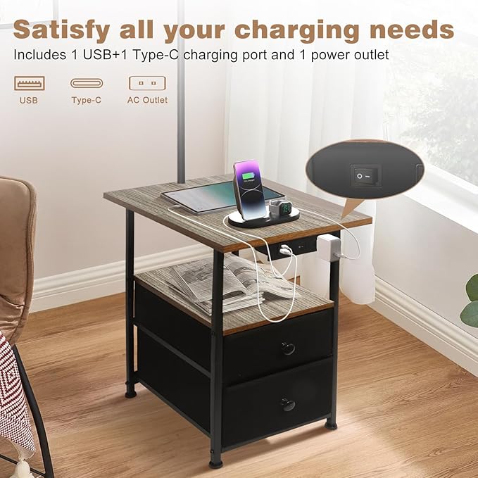 PESRAE Floor Lamp with Table & 2 Drawers, End Table with 3 Color Temperature Reading Light, Side Table Lamp with USB & Type C & AC Charging Port for Living Room, Home Office - LeafyLoom