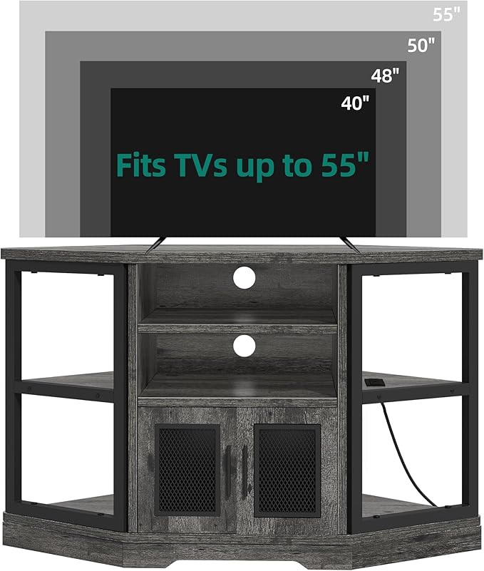 YITAHOME Corner TV Stand for TVs up to 55 Inch with Power Outlet, Modern Farmhouse Entertainment Center, Wood TV Media Console with Storage Cabinets Shelves for Living Room Bedroom, Gray Oak - LeafyLoom