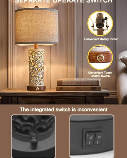 OYEARS 3-Way Dimmable 22'' USB A+C Touch Control Table Lamp Set of 2 with Nightlight for Living Room Bedroom Farmhouse Bedside Nightstand Lamps (Brown, Bulb Included) - LeafyLoom