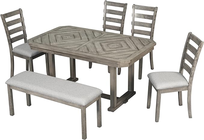 Merax 6-Piece Rubber Wood Dining Table Set with 4 Cushioned Chairs and Bench, Beautiful Grain Pattern Tabletop, Light Gray - LeafyLoom
